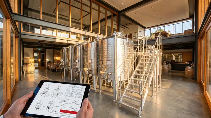 Hands holding a tablet showing an Olavin square fermenter drawing, in the finished cellar that drawing became — a row of stainless steel fermenters and an access stair.
