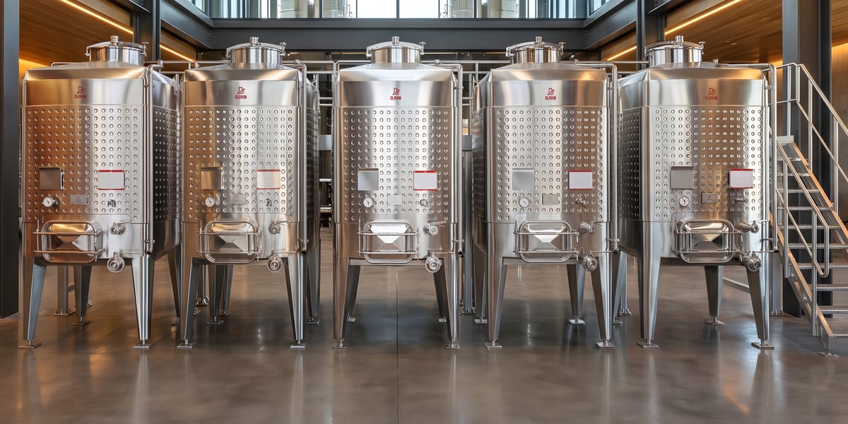 A row of Olavin diamond square fermenters under a winery skylight