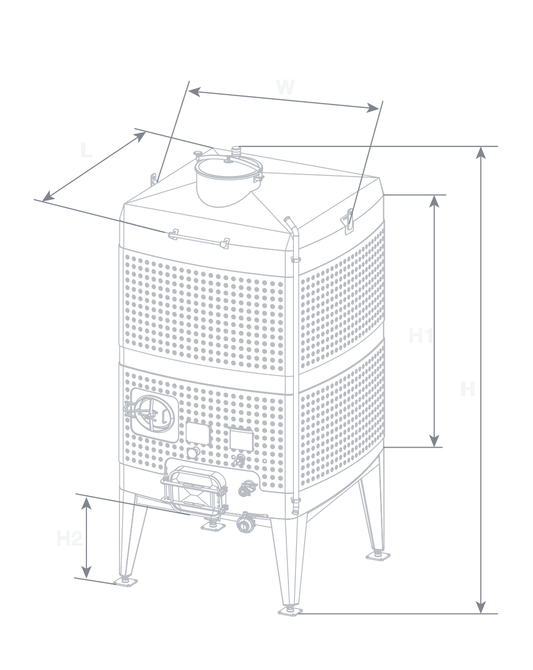Diamond Square Fermenter elevation drawing — square stainless steel wine tank with L, W, H1, H2 and H dimension callouts