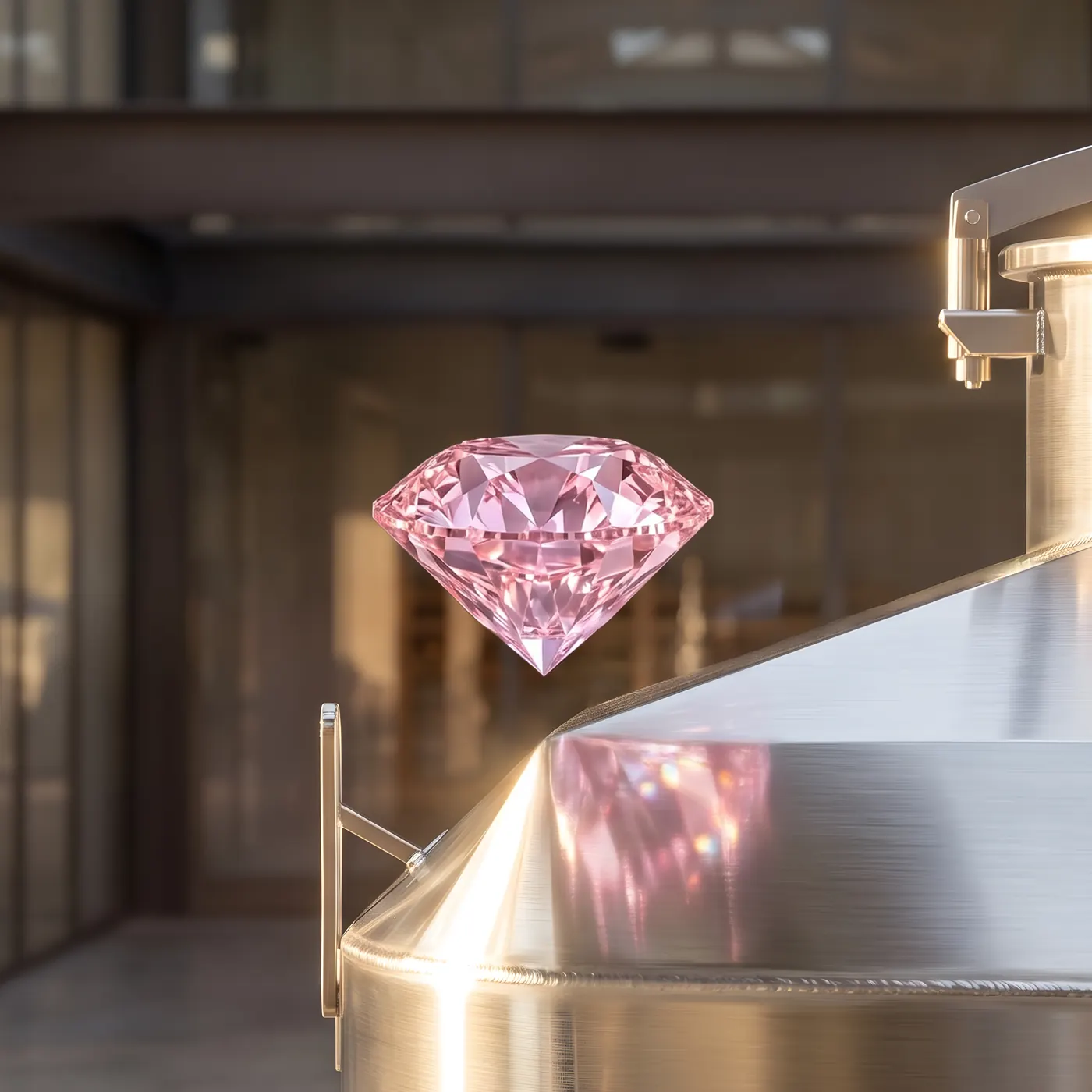 A cut gemstone suspended beside the faceted corner of an Olavin Diamond Square Fermenter, echoing the tank's diamond-like facets