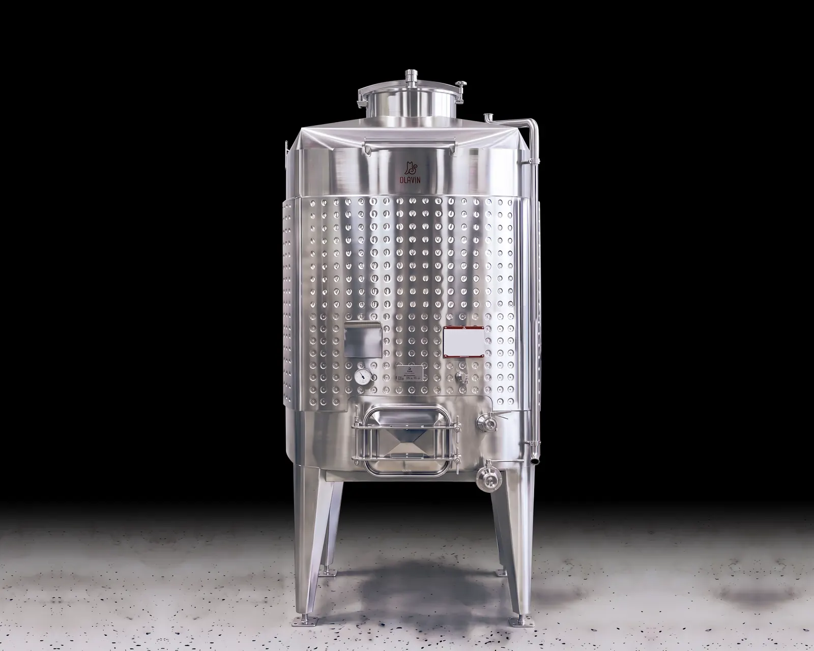 A single Olavin Diamond Square Fermenter: a closed square tank with radiused corners, a dimple jacket across its face and a round manway on the sloped top, standing on four tapered legs