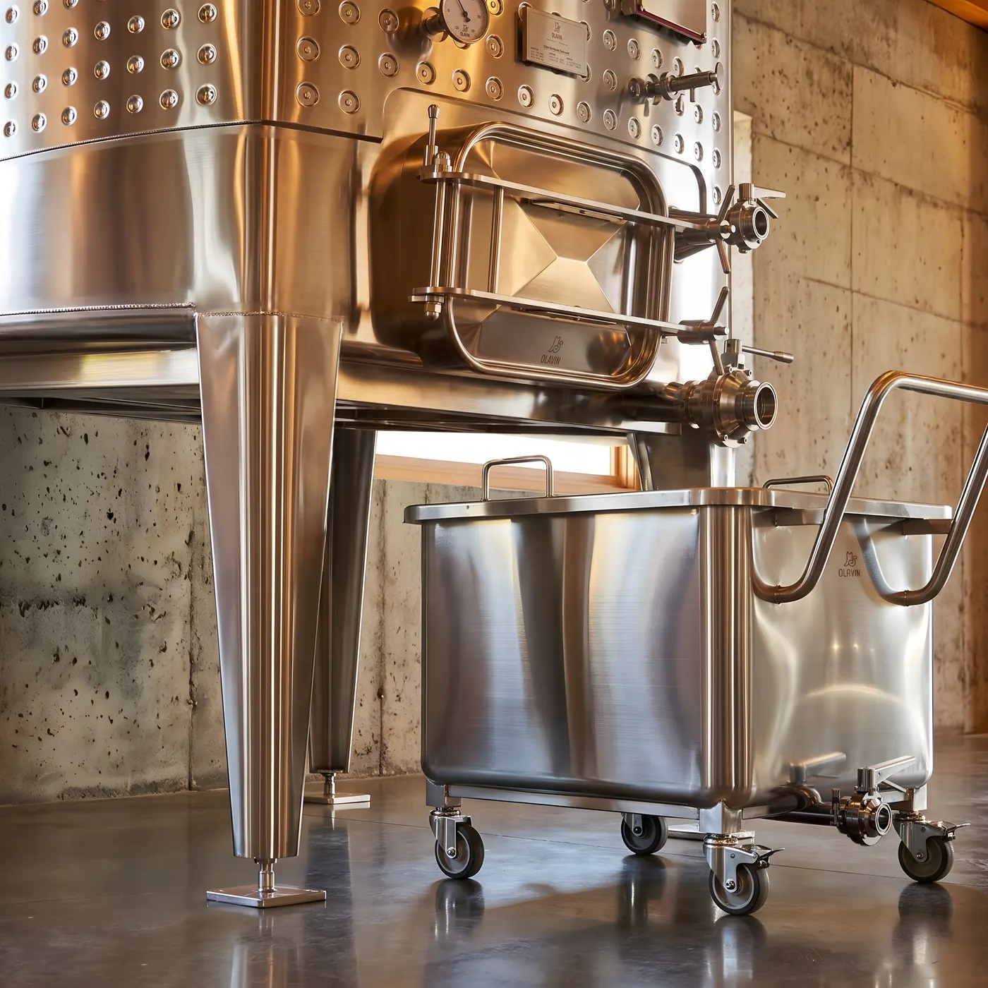 A wheeled stainless steel screen bin parked in the clearance beneath an Olavin Diamond Square Fermenter, between the tapered legs and below the outlet valve