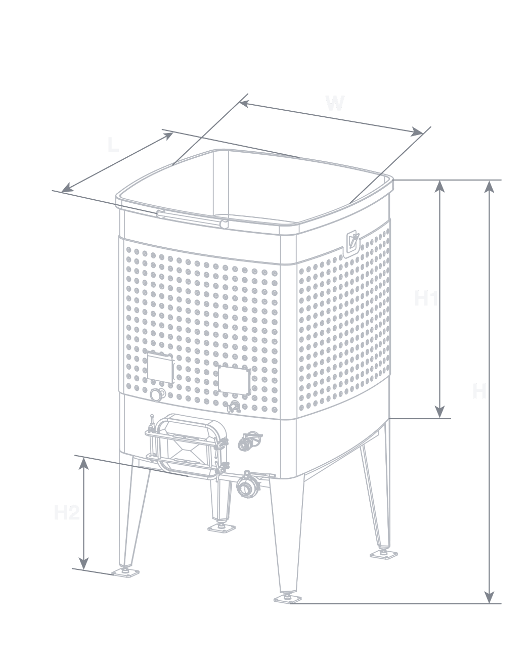 Diamond Square OT Fermenter elevation drawing — open-top square stainless steel wine tank with L, W, H1, H2 and H dimension callouts