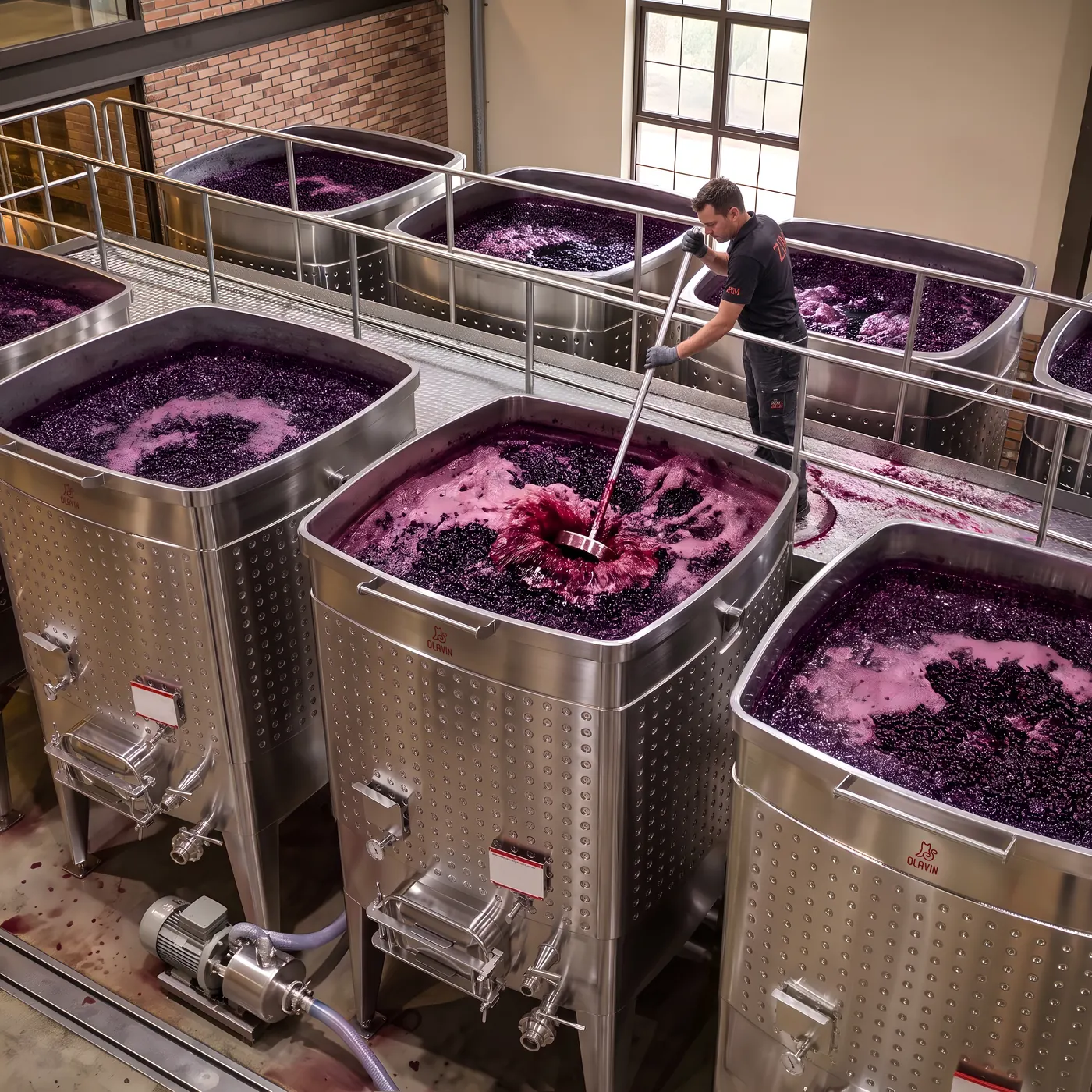 A winemaker on the tank-top walkway punching down an open-top square fermenter, the cap of skins broken open beneath the tool