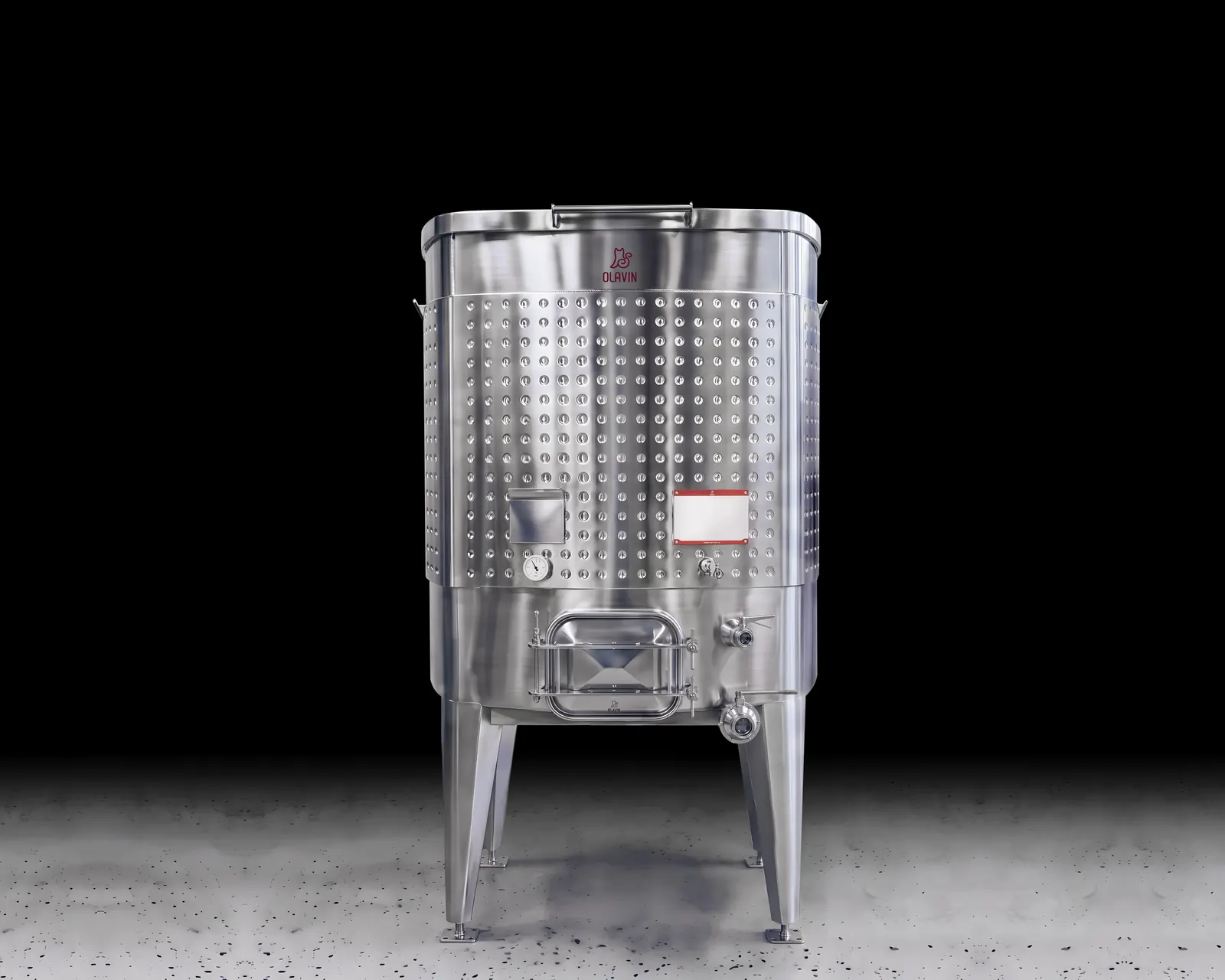 A single Olavin Diamond Square OT Fermenter: a square open-top tank, dimple-jacketed, with a diamond-faceted side door and a sloped base on four tapered legs