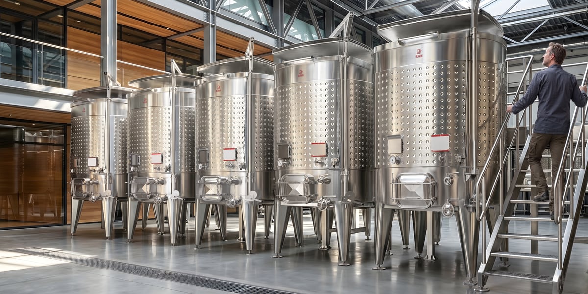 A winemaker on the access stair beside Olavin diamond square VC fermenters