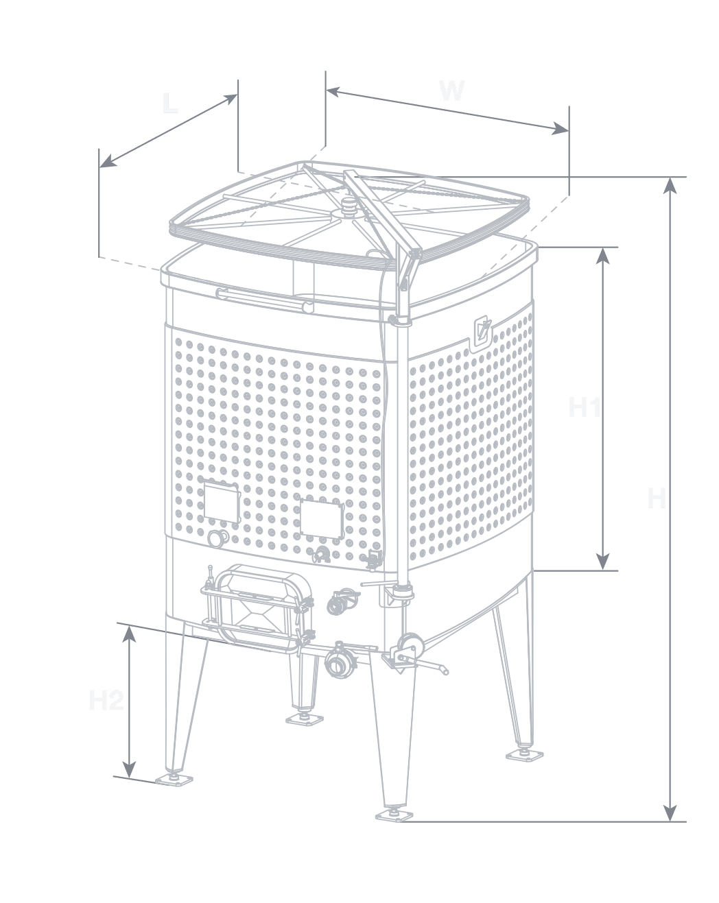 Diamond Square VC Fermenter elevation drawing — square variable-capacity stainless steel wine tank with L, W, H1, H2 and H dimension callouts