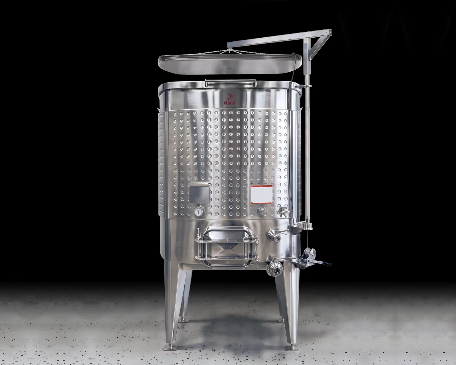 A single Olavin Diamond Square VC Fermenter: a square dimple-jacketed tank whose floating lid hangs from a swing arm above the open mouth, on four tapered legs
