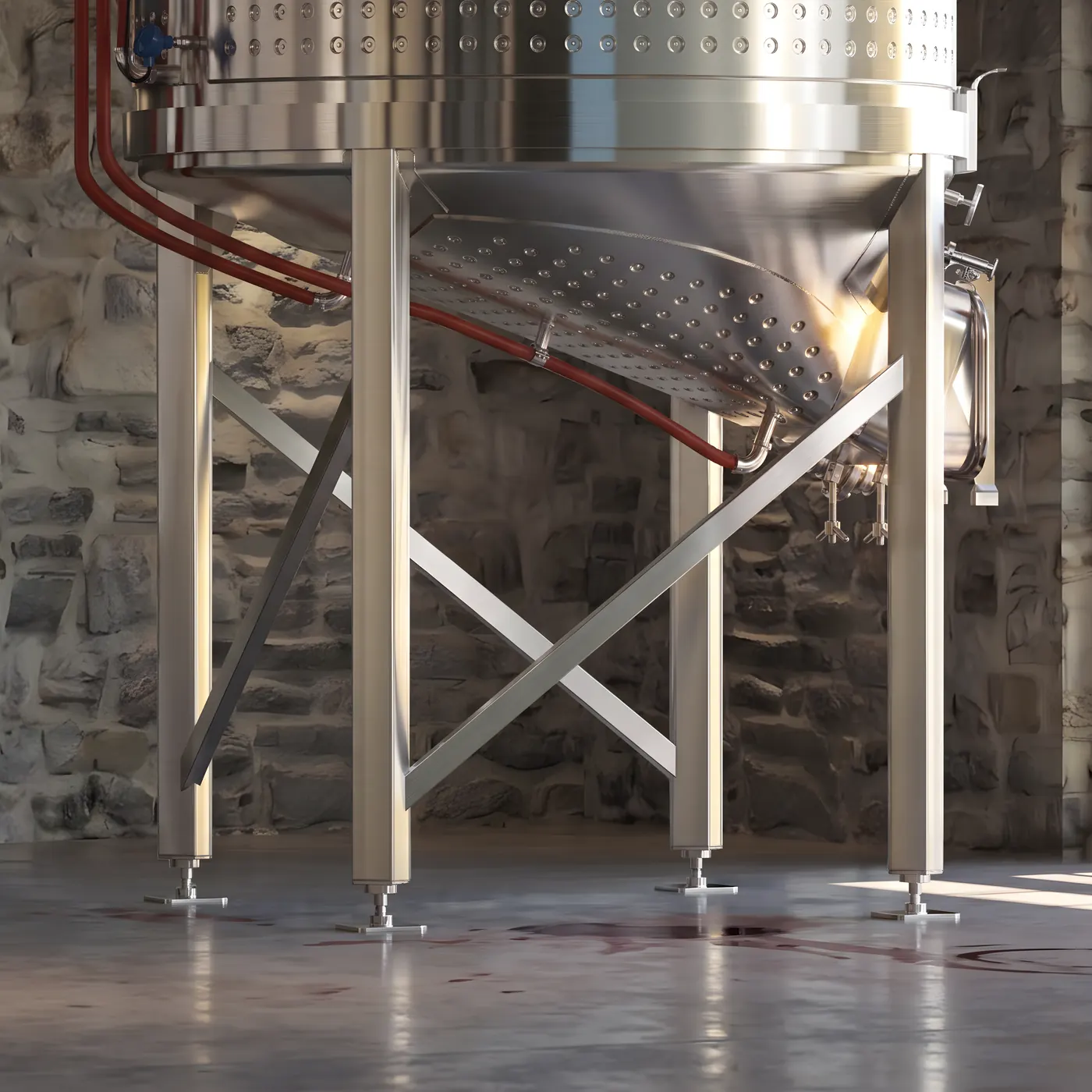 The dimple-jacketed conical bottom of an Olavin fermenter seen from below, the jacket wrapping the slope where the must sits deepest