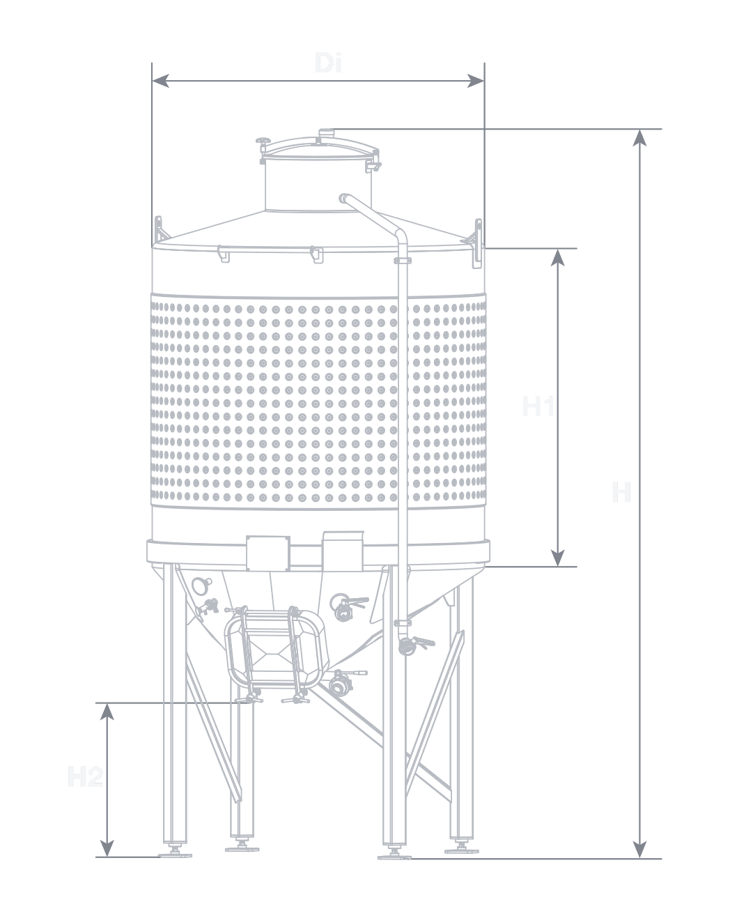 Enclosed Conical Fermenter elevation drawing — conical-bottom stainless steel wine tank with Di, H1, H2 and H dimension callouts