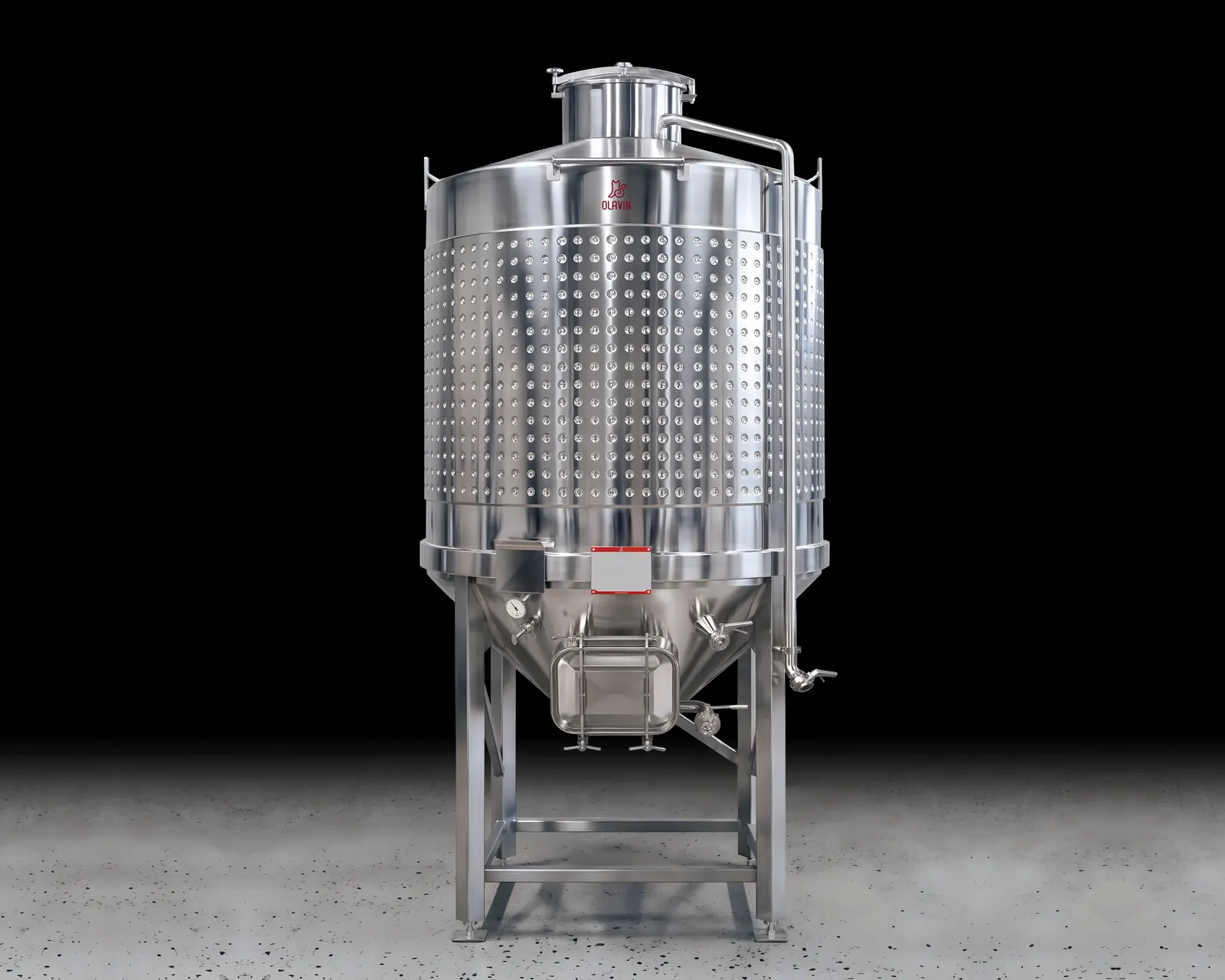 A single Olavin Enclosed Conical Fermenter: a dimple-jacketed tank with a domed top manway and a cone bottom, carried on a four-post frame