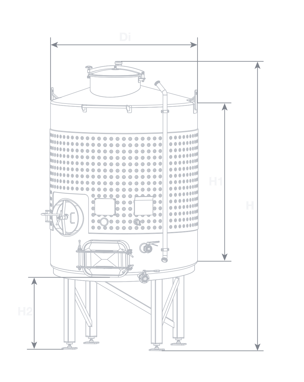 Enclosed Fermenter elevation drawing with Di, H, H1 and H2 dimension callouts
