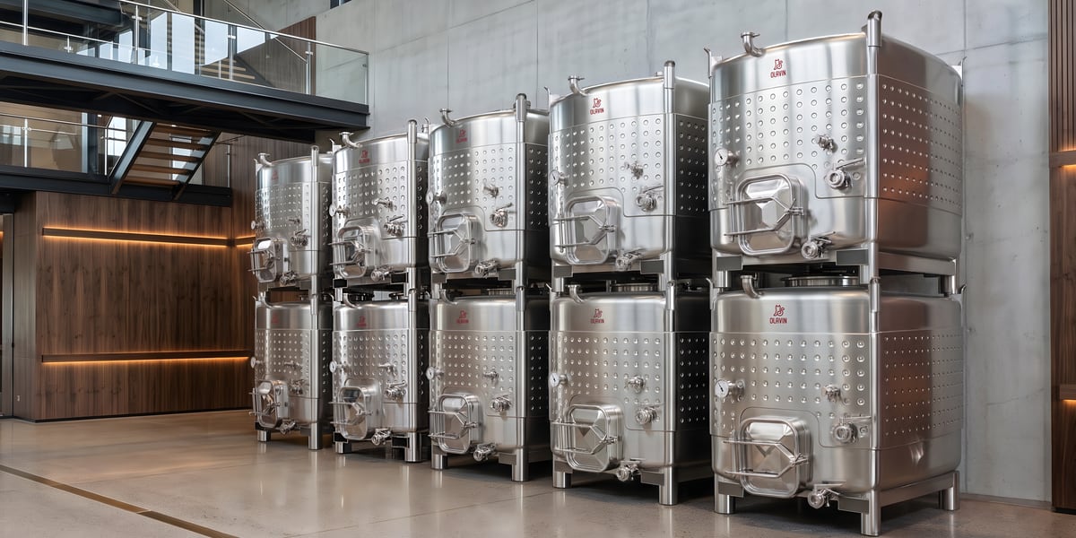 Olavin Mini Tankers stacked two high in a timber-lined winery
