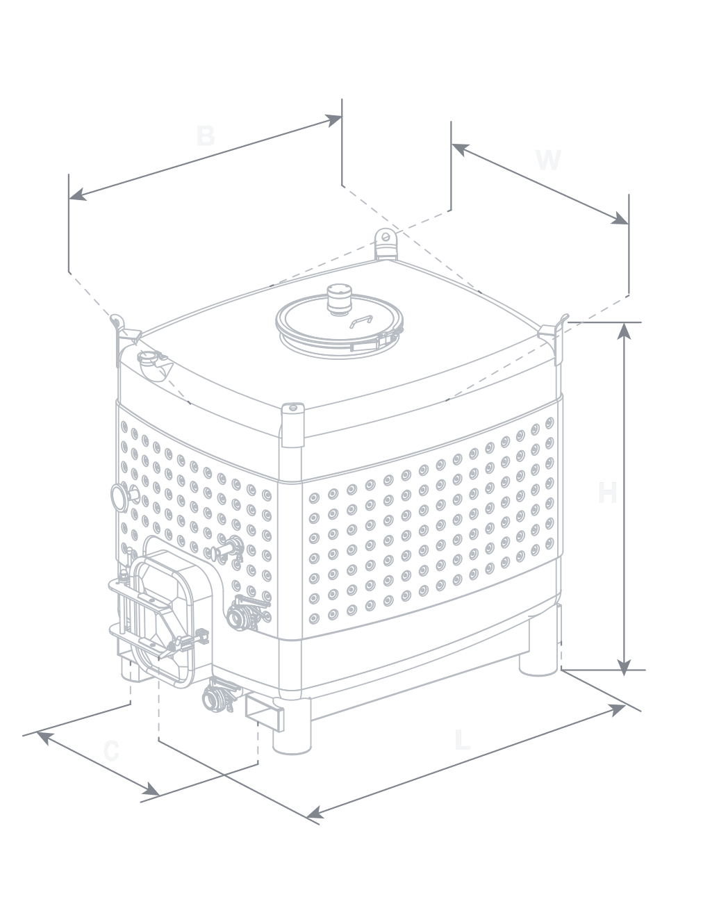 Olavin Mini Tanker elevation drawing — stackable stainless steel wine tank with B, W, C, L and H dimension callouts
