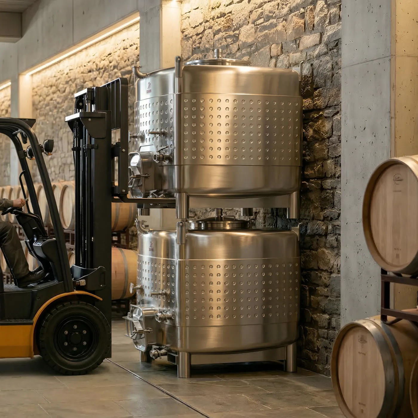 A forklift setting one Olavin Mini Tanker down on top of another, stacked two high against a stone cellar wall