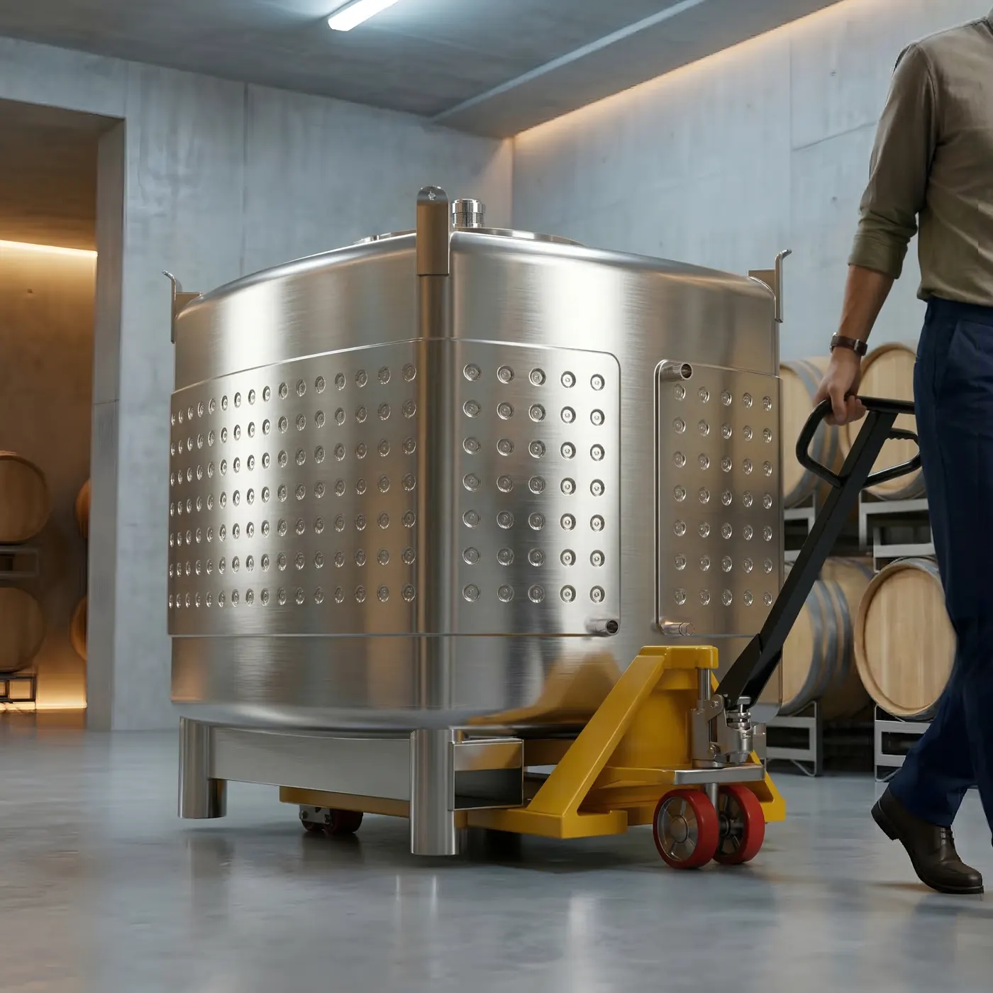An Olavin Mini Tanker being pulled down a barrel-lined cellar aisle on a hand pallet jack run in under its base