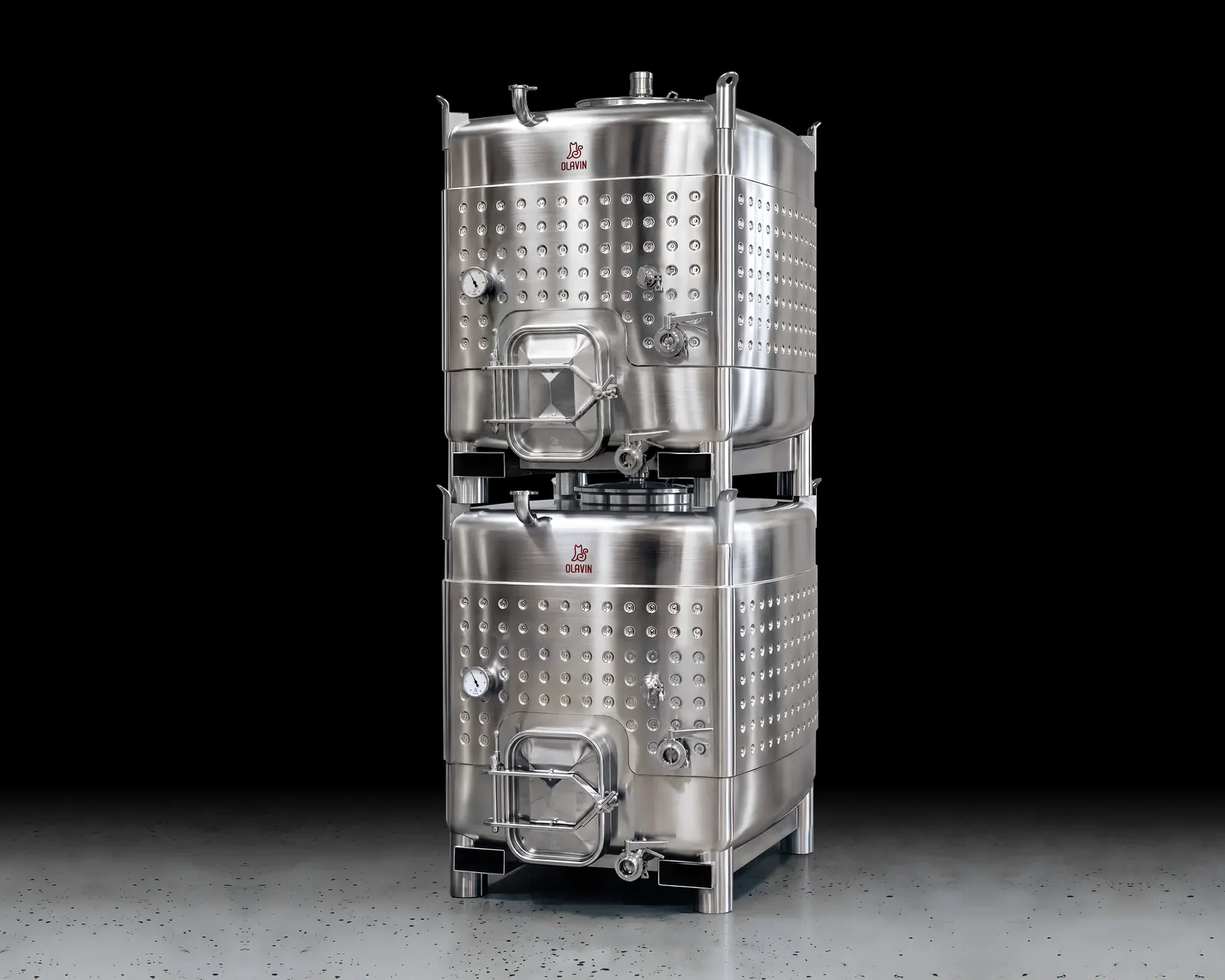 Two Olavin Mini Tankers stacked one on the other, each dimple-jacketed with a top entry, a square side door and a four-way forklift base
