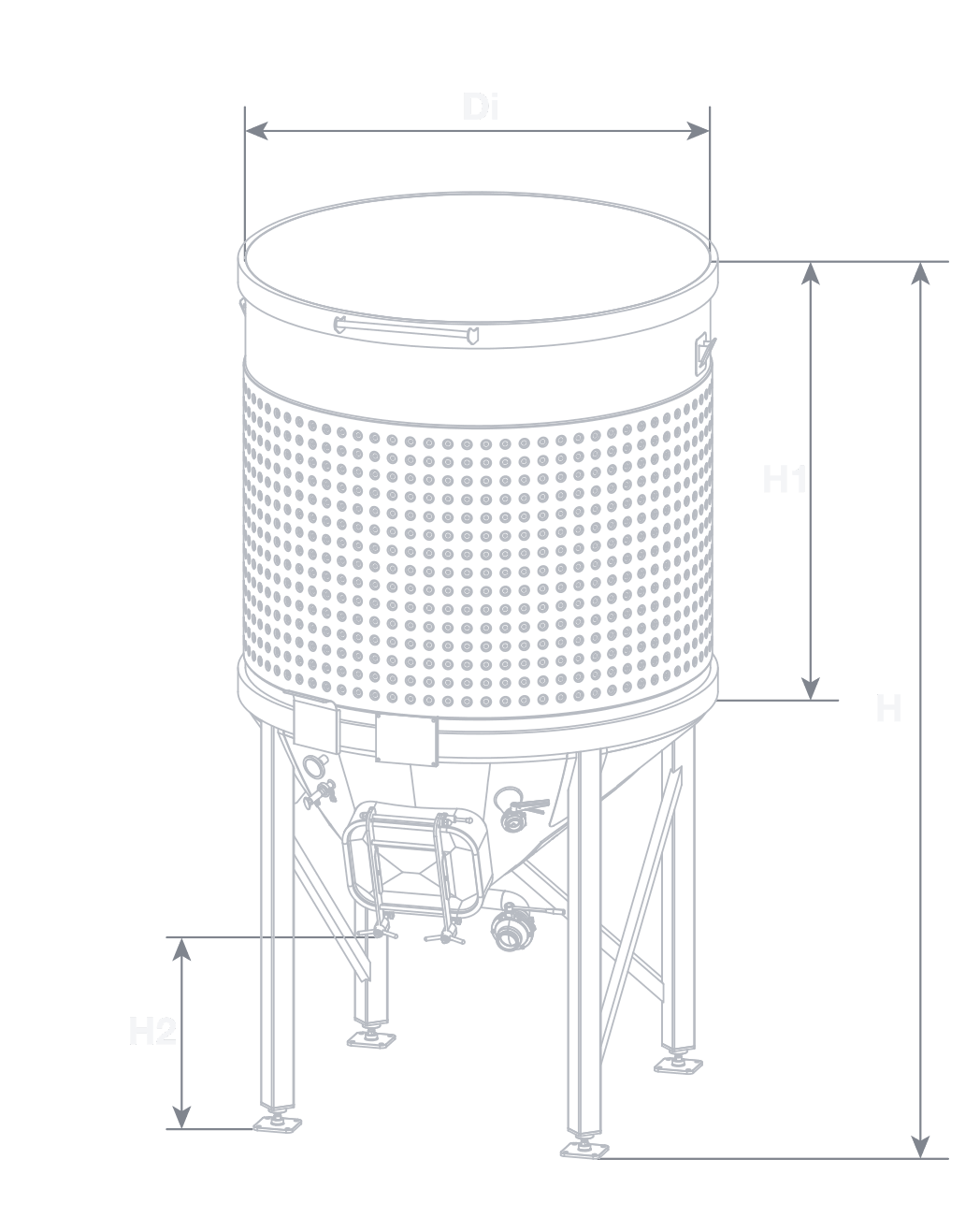 OT Conical Fermenter elevation drawing — open-top conical stainless steel wine tank with Di, H1, H2 and H dimension callouts