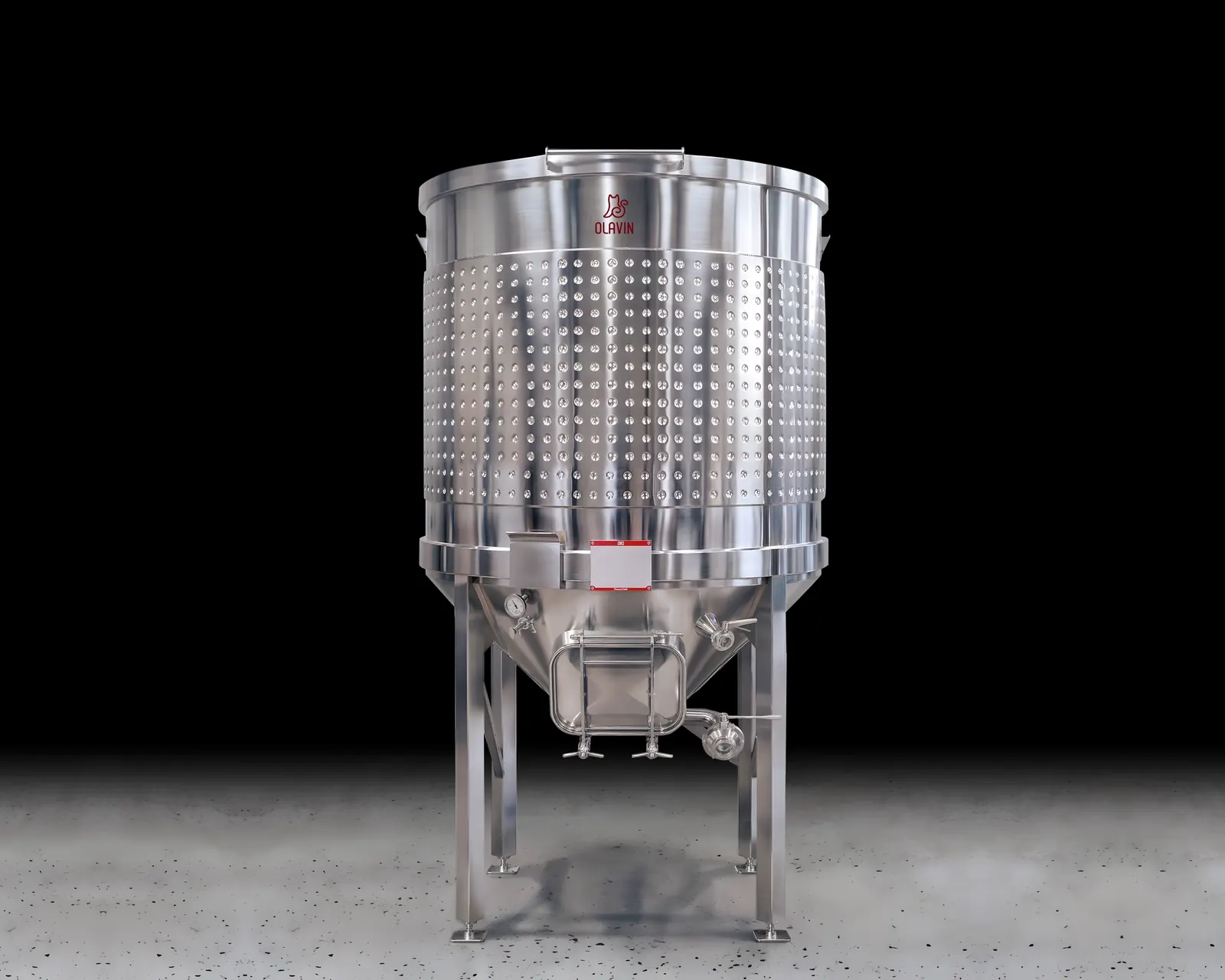 A single Olavin OT Conical Fermenter, open at the top and dimple-jacketed, with a cone bottom and a side door, standing on legs