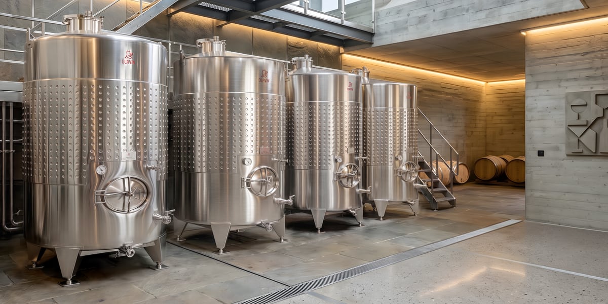 Olavin round stainless steel wine storage tanks beside a barrel store