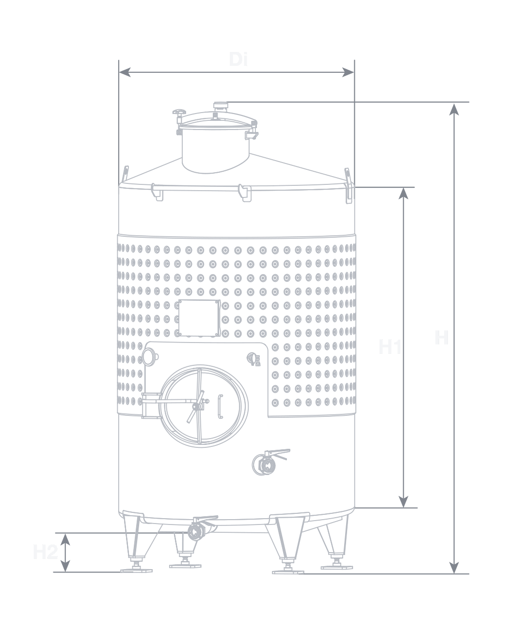 Round Tank elevation drawing — stainless steel wine storage tank with Di, H1, H2 and H dimension callouts