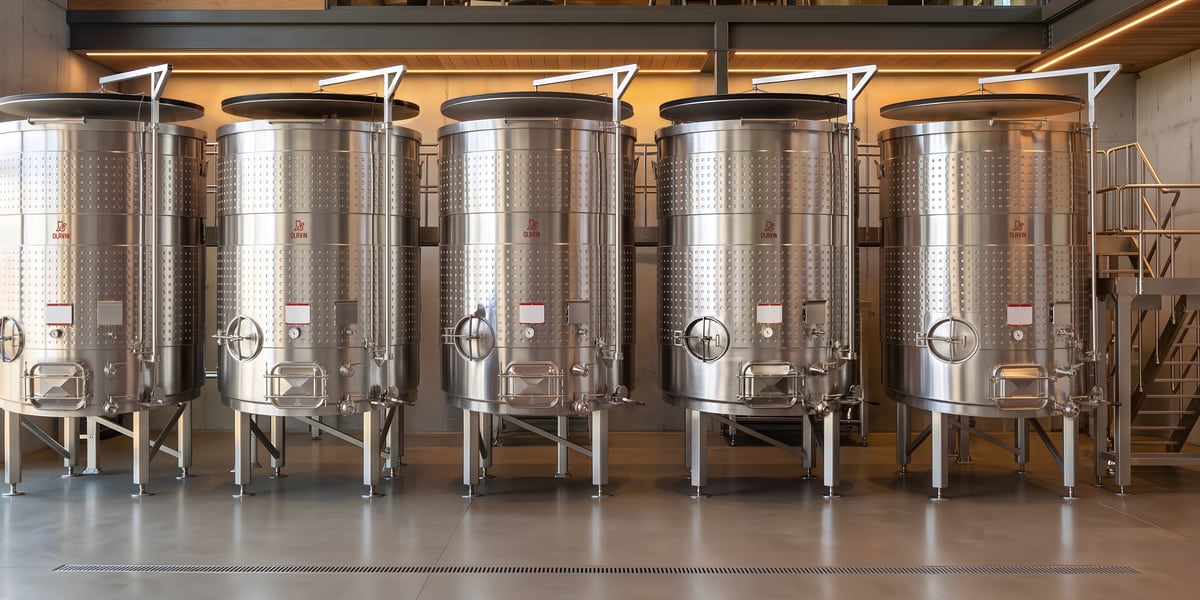 A row of Olavin variable capacity wine tanks in a daylit winery hall