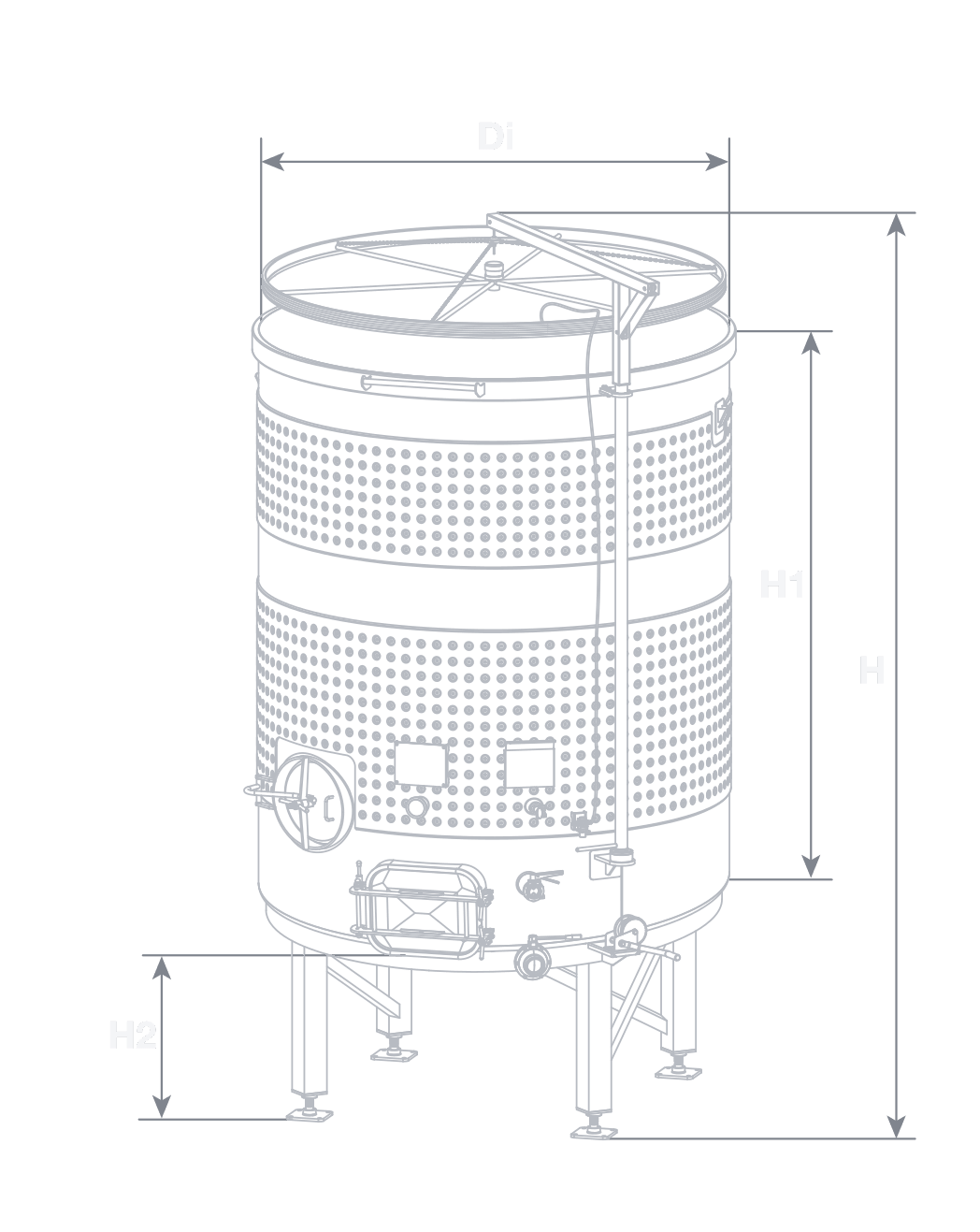 Variable Capacity Tank elevation drawing — stainless steel wine tank with Di, H1, H2 and H dimension callouts