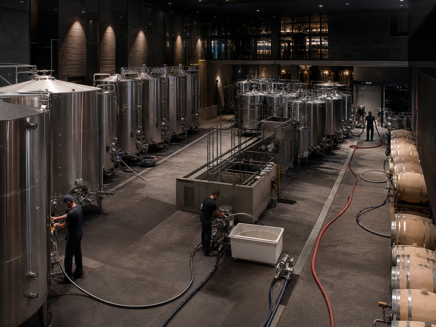 Busy winery cellar with several active fermentation tanks and working routes.